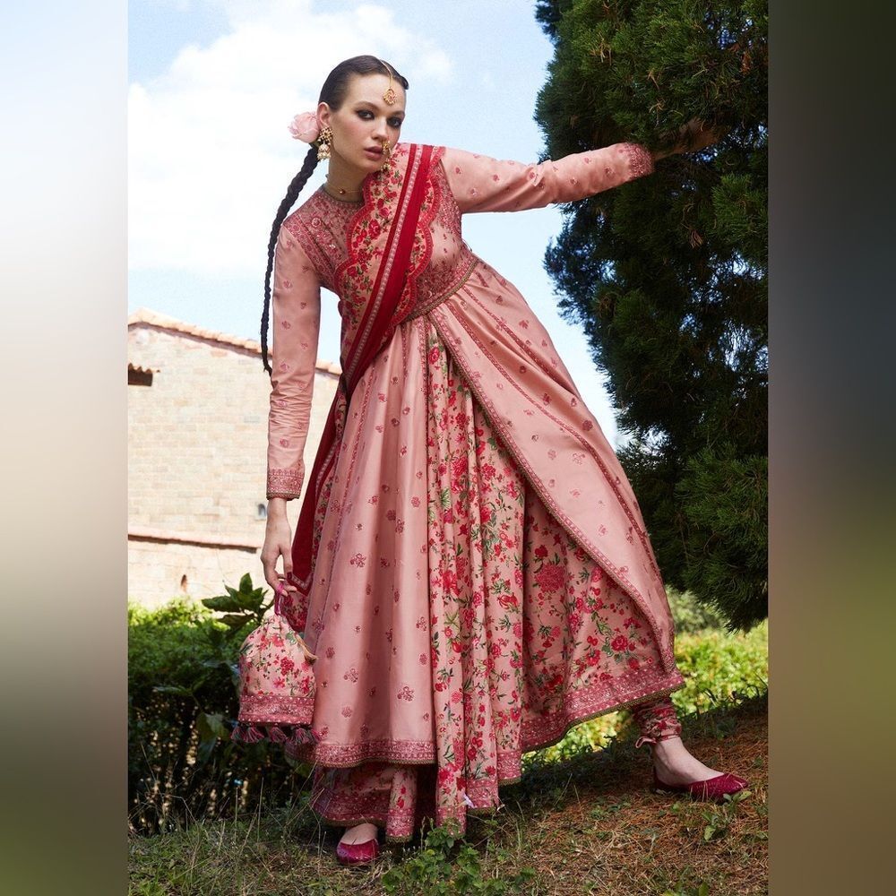 Pink Floral Anarkali Dress with Red Accents